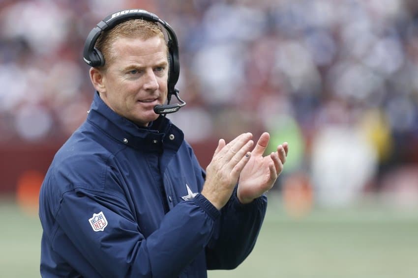 Dec 28, 2014; Landover, MD, USA; Dallas Cowboys head coach Jason Garrett claps from the sidelines after a touchdown against the Washington Redskins in the second quarter at FedEx Field. The Cowboys won 44-17. Mandatory Credit: Geoff Burke-USA TODAY Sports