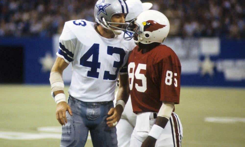 Nov 14, 1977; Irving, TX, USA; FILE PHOTO; Dallas Cowboys defensive back Cliff Harris (43) and St. Louis Cardinals receiver Mel Gray (85) at Texas Stadium. Mandatory Credit: Herb Weitman-USA TODAY Sports