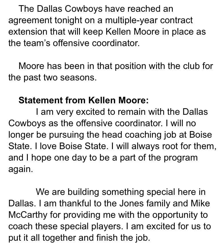 Kellen Moore Signs Contract Extension to Stay with the Dallas Cowboys