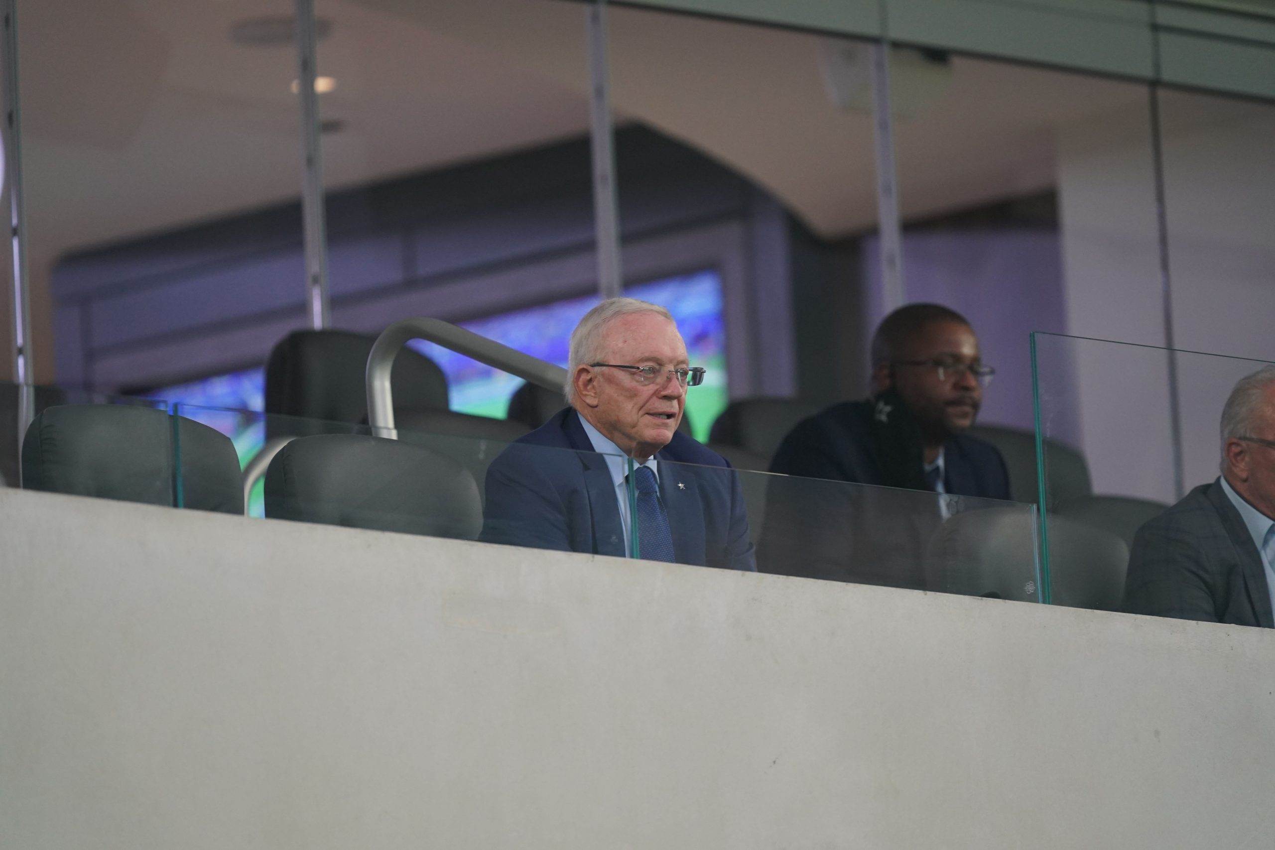 Sep 13, 2020; Inglewood, California, USA; Dallas Cowboys owner Jerry Jones looks on against the Los Angeles Rams during the second half at SoFi Stadium. Mandatory Credit: Kirby Lee-USA TODAY Sports