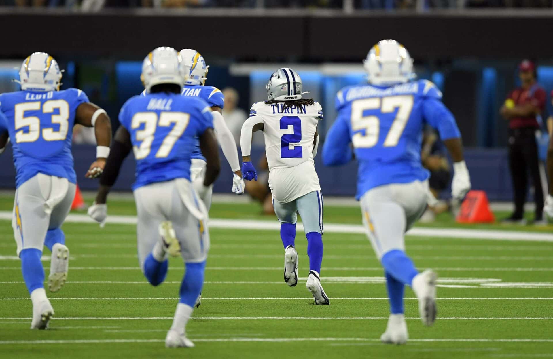 INGLEWOOD, CA - AUGUST 20: KaVontae Turpin #2 of the Dallas Cowboys returns a kick off for a 100 yard touchdown against Los Angeles Chargers during the first half at SoFi Stadium on August 20, 2022 in Inglewood, California. (Photo by Kevork Djansezian/Getty Images)