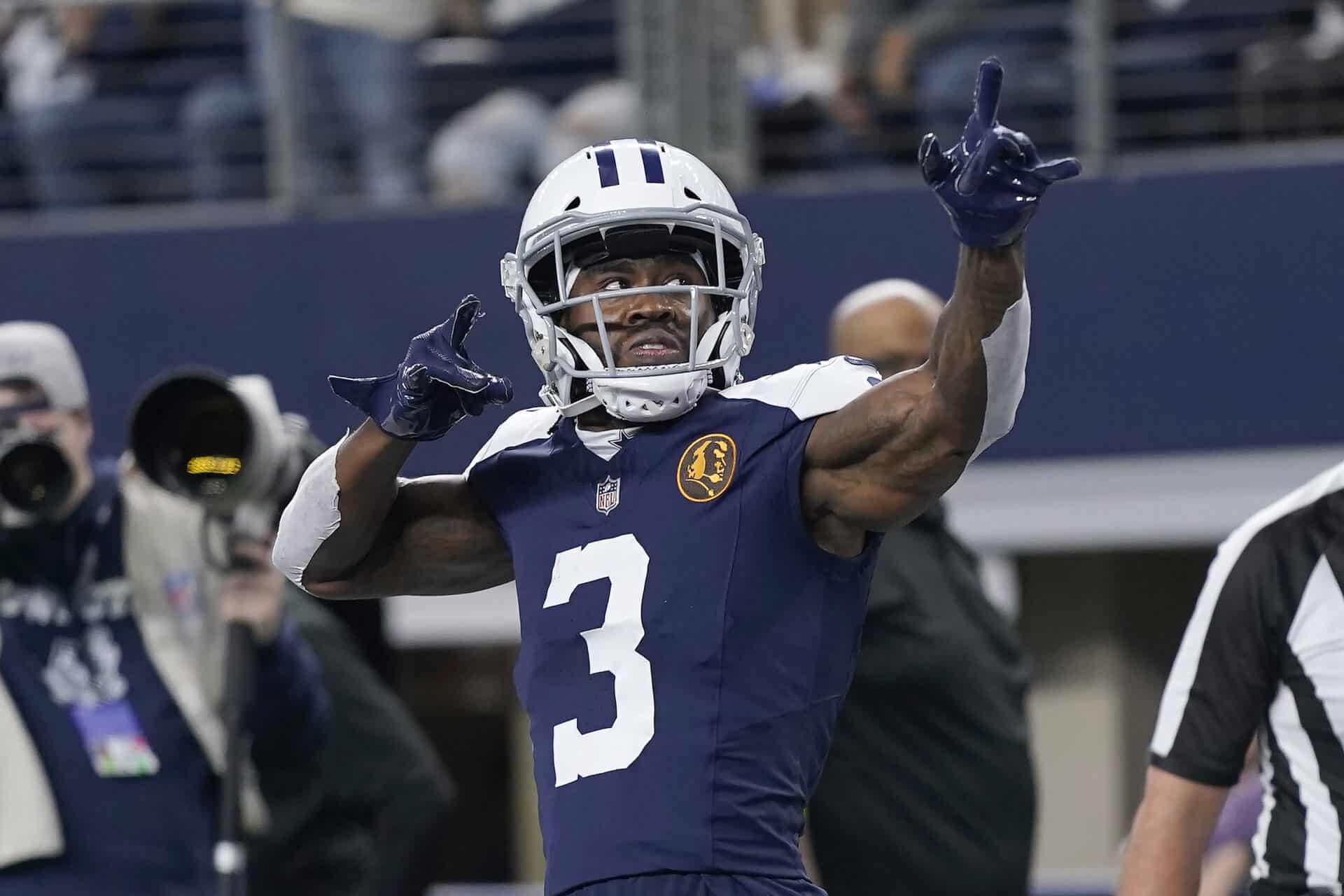 Dallas Cowboys wide receiver Brandin Cooks celebrates after catching a touchdown pass against the Washington Commanders during the first half of an NFL football game Thursday, Nov. 23, 2023, in Arlington, Texas. (AP Photo/Sam Hodde)