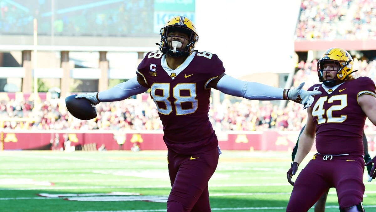 Minnesota Gophers tight end Brevyn Spann-Ford (88) celebrates his touchdown catch against Nebraska in the first quarter of an NCAA football game at Huntington Bank Stadium in Minneapolis on Saturday, Oct 16, 2021. Teammate Ko Kieft joined in. (John Autey / Pioneer Press)