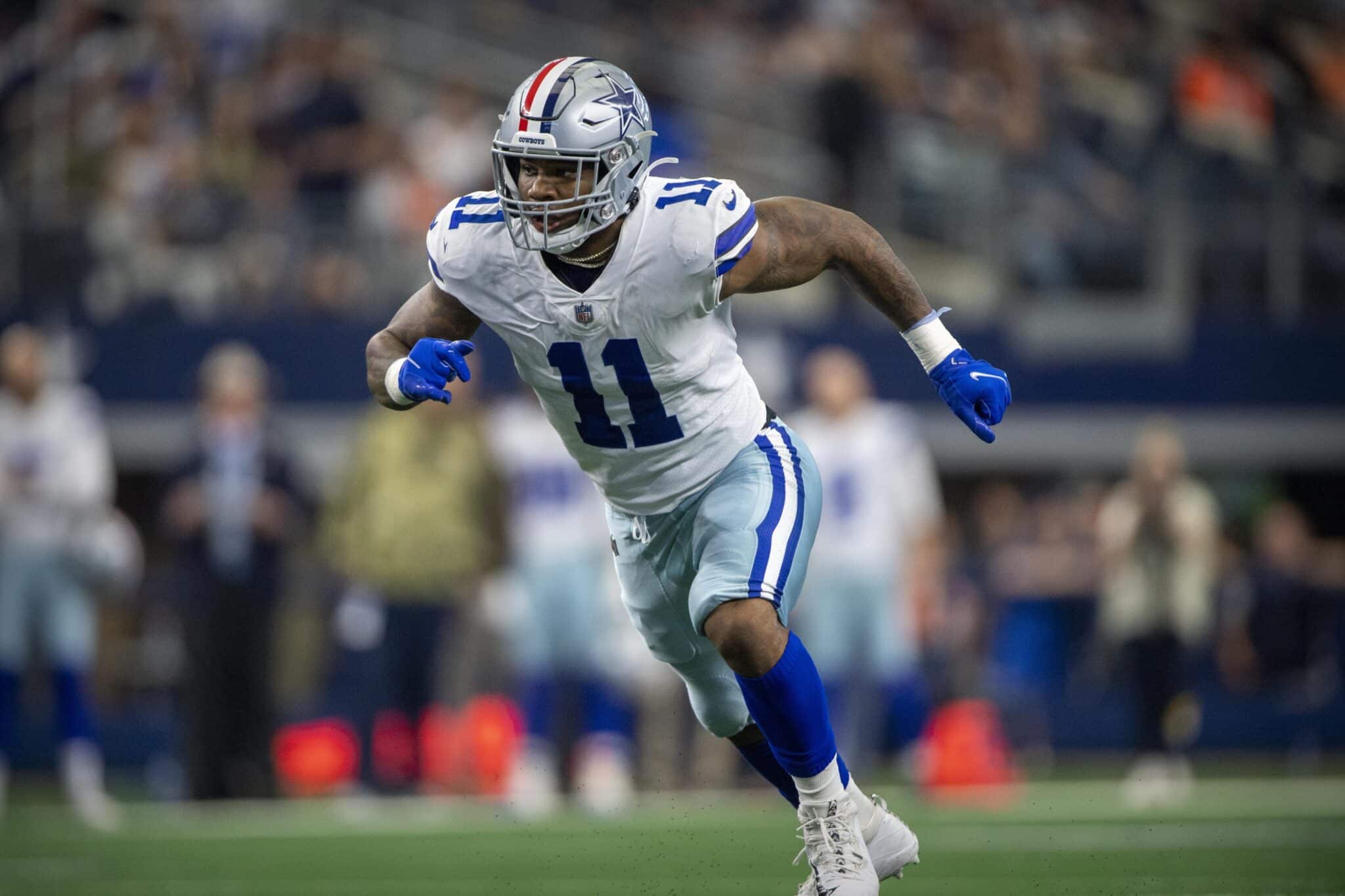 Nov 7, 2021; Arlington, Texas, USA; Dallas Cowboys linebacker Micah Parsons (11) in action during the game between the Dallas Cowboys and the Denver Broncos at AT&amp;T Stadium. Mandatory Credit: Jerome Miron-USA TODAY Sports