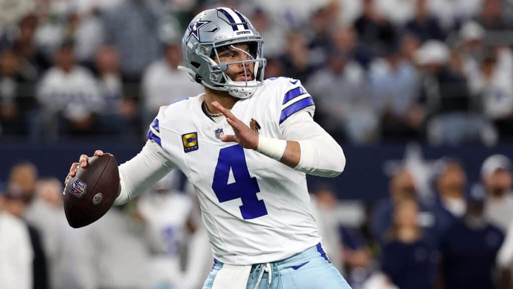 Jan 14, 2024; Arlington, Texas, USA; Dallas Cowboys quarterback Dak Prescott (4) drops back to pass against the Green Bay Packers in the first half of the 2024 NFC wild card game at AT&amp;T Stadium. Mandatory Credit: Kevin Jairaj-USA TODAY Sports