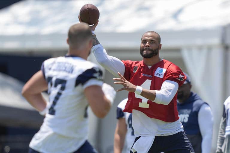 Dak Prescott throws a pass during practice in Oxnard, CA on July 25, 2024. AP Photo.