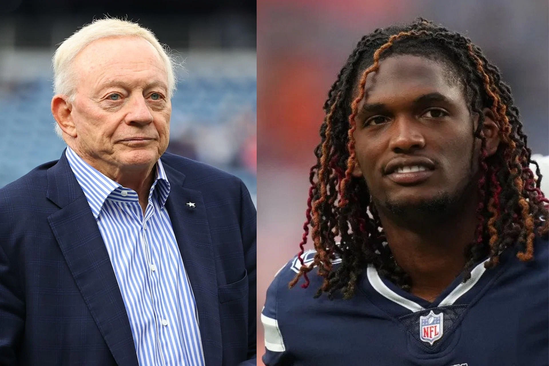 Two men standing separately; one in a suit on the left, and one in a football jersey on the right.