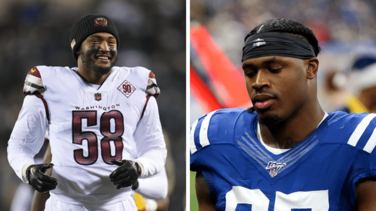 Two football players in uniforms; the left player smiles in a Washington jersey, the right player looks downward in an Indianapolis jersey.