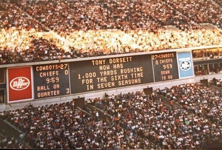 SHot of the TExas STadium scoreboard during the 1983 game between Kansas City and Dallas. Photo by Richard Paolinelli